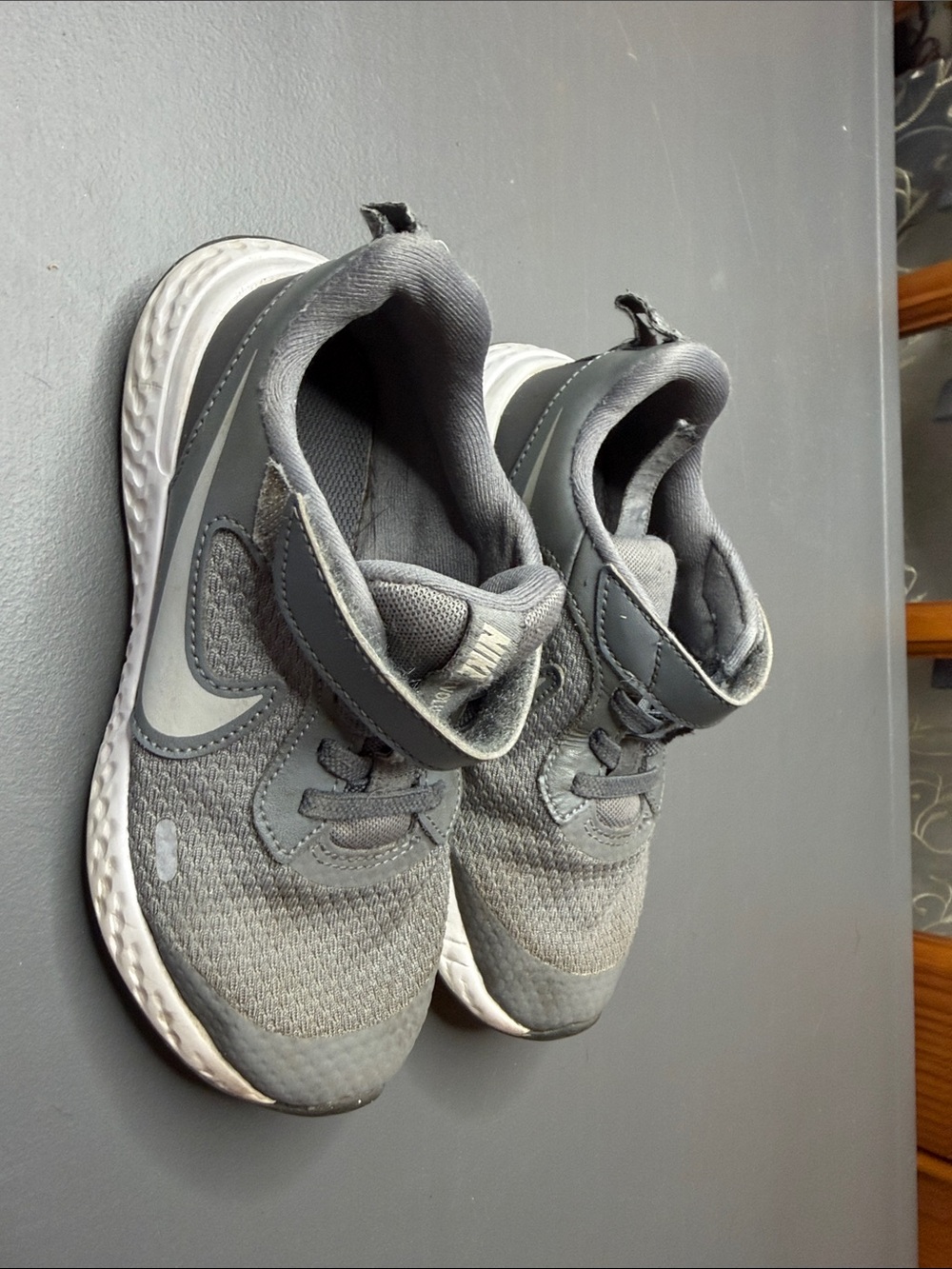 Nike Kid’s Revolution - Grey and White Hook-and-Loop Sneakers. Kid’s Size: 12
